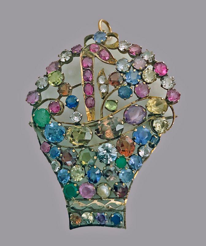 Dorrie Nossiter Arts and Crafts Jardiniere Gemstone Gold Brooch Pendant, C.1930