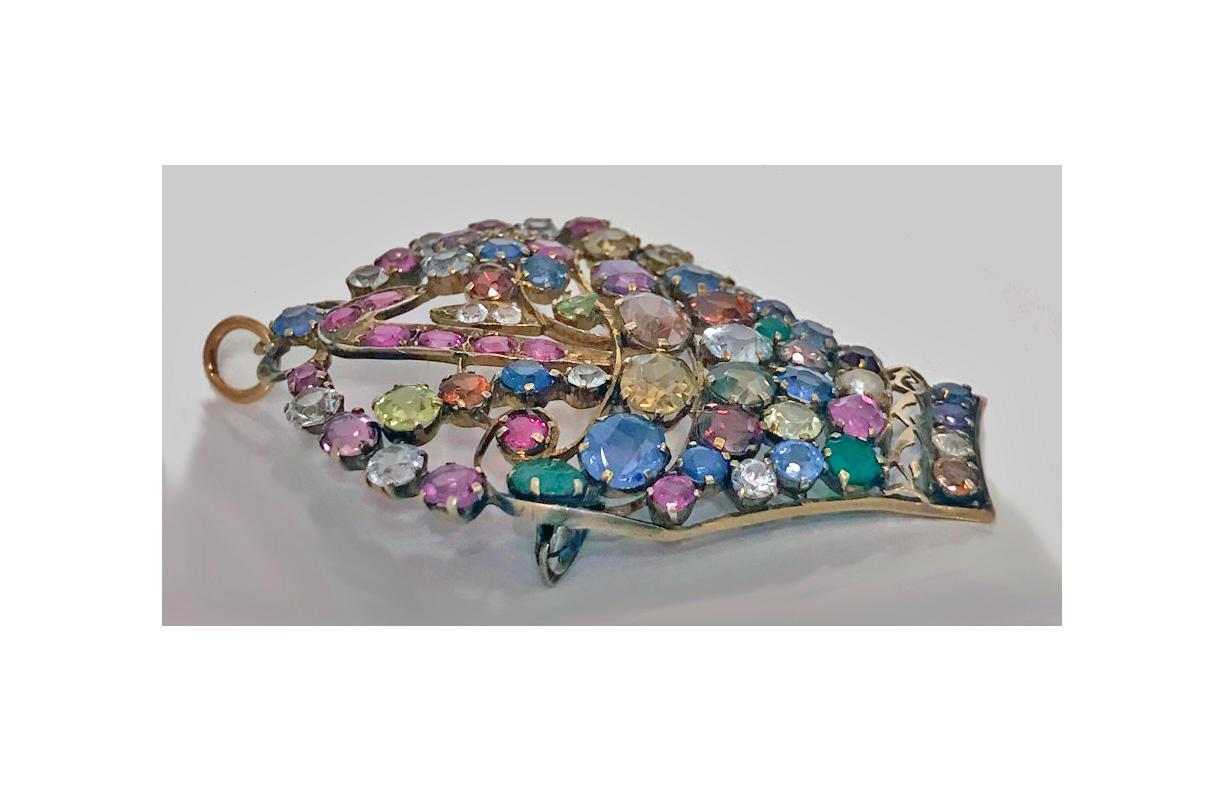 Dorrie Nossiter Arts and Crafts Jardiniere Gemstone Gold Brooch Pendant, C.1930
