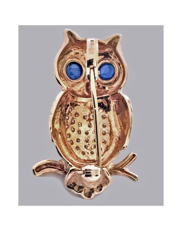 Boucheron 18K Diamond and Sapphire Owl Brooch Pin, 20th century