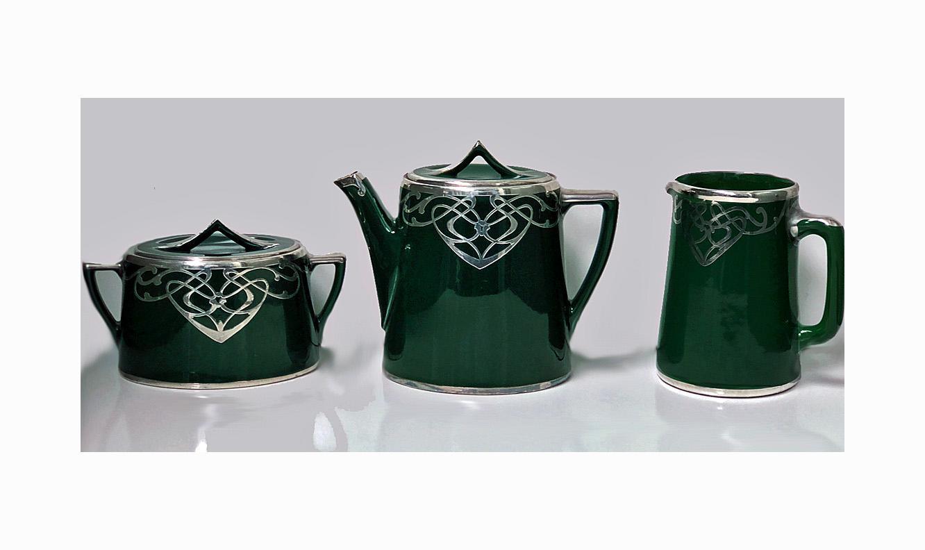 Art Nouveau Montreal China and Glass Decorating Co Sterling overlay Tea Set