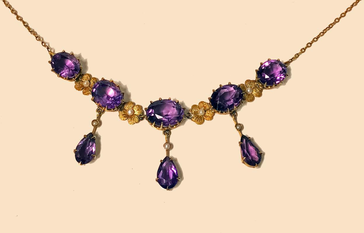 Antique 14K Amethyst Pearl Lavalier Necklace, American, C.1900