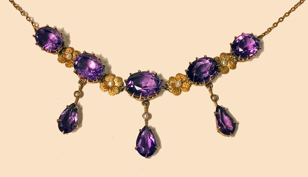 Antique 14K Amethyst Pearl Lavalier Necklace, American, C.1900