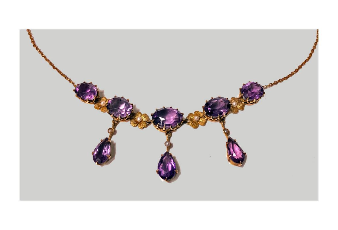 Antique 14K Amethyst Pearl Lavalier Necklace, American, C.1900