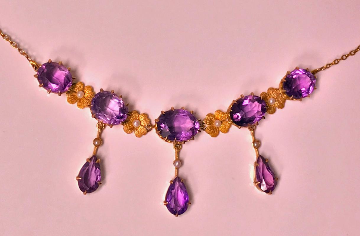 Antique 14K Amethyst Pearl Lavalier Necklace, American, C.1900