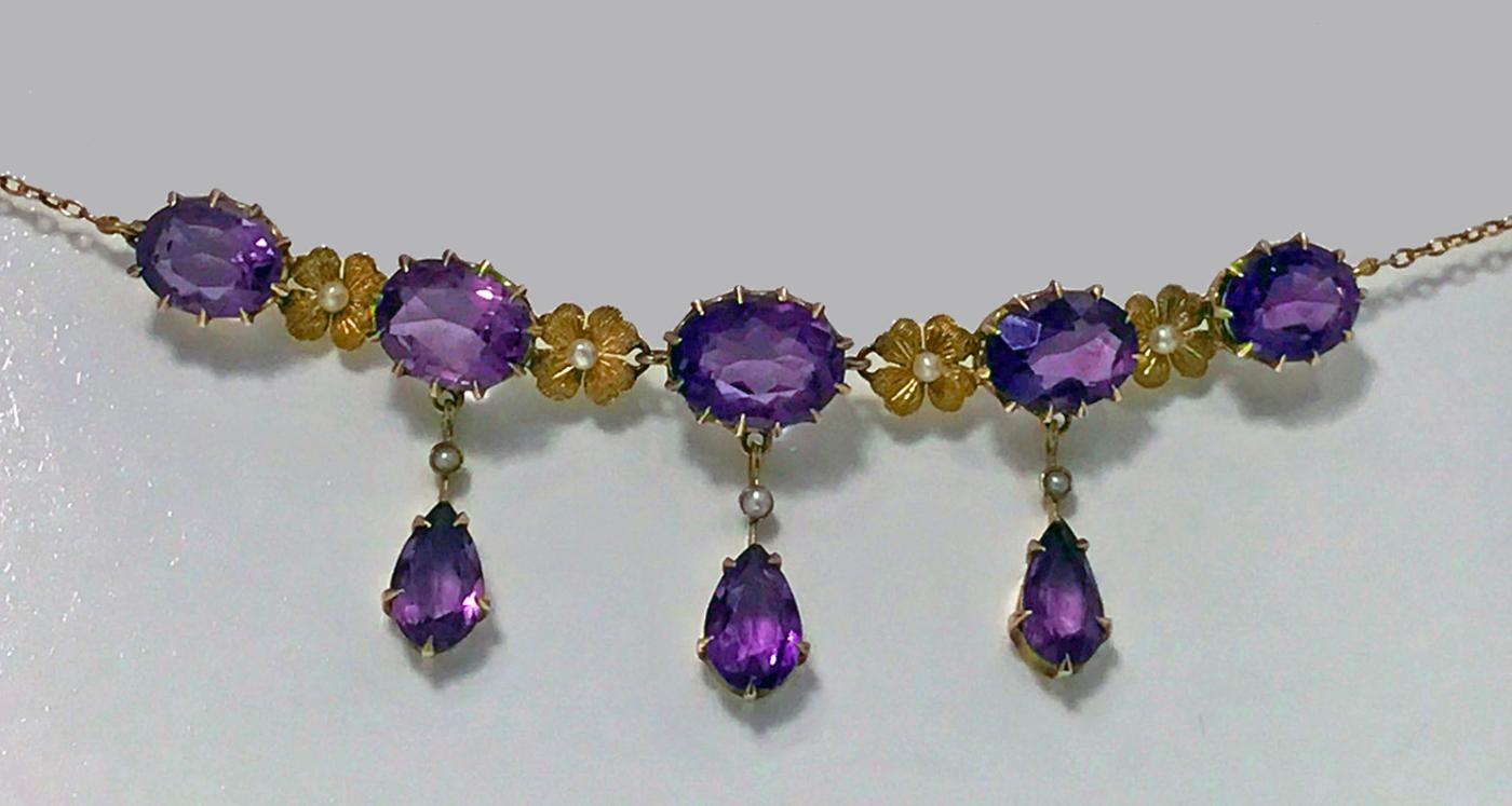 Antique 14K Amethyst Pearl Lavalier Necklace, American, C.1900