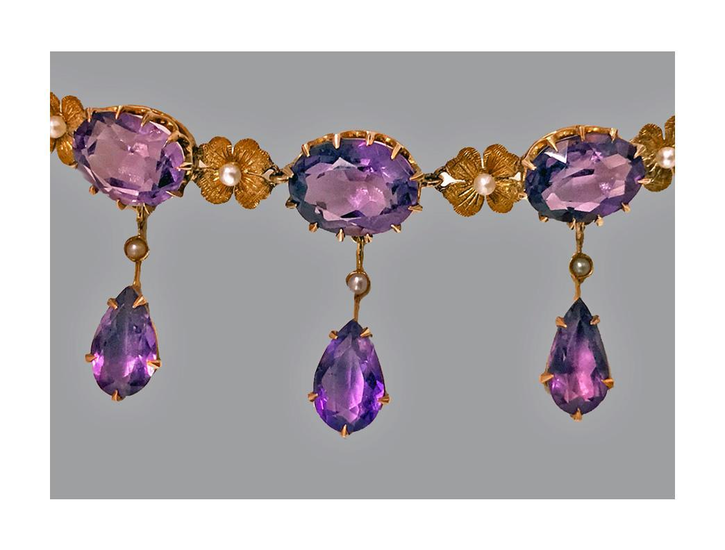 Antique 14K Amethyst Pearl Lavalier Necklace, American, C.1900