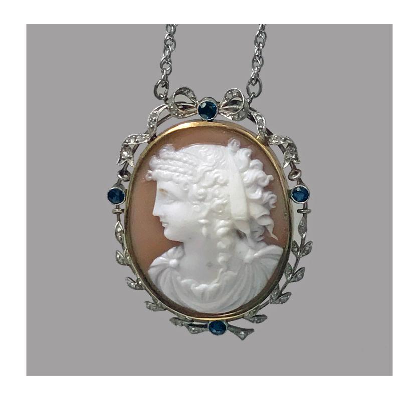 Antique Platinum 15K Cameo Pendant, Diamond Sapphire mount, English C.1920.