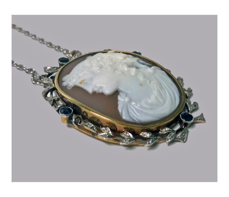Antique Platinum 15K Cameo Pendant, Diamond Sapphire mount, English C.1920.
