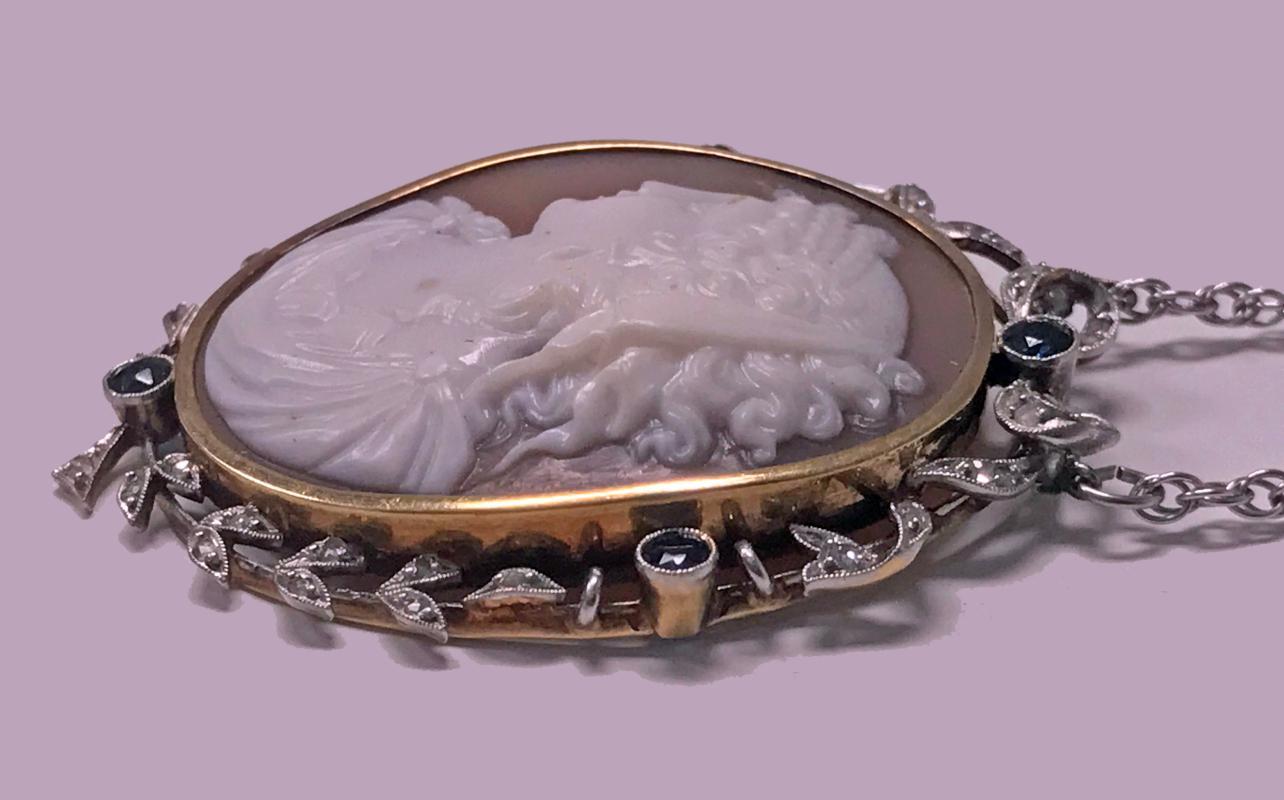Antique Platinum 15K Cameo Pendant, Diamond Sapphire mount, English C.1920.