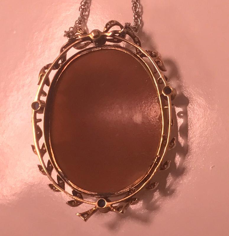 Antique Platinum 15K Cameo Pendant, Diamond Sapphire mount, English C.1920.