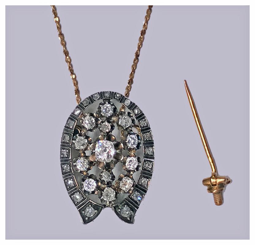 French 19th century Diamond Brooch Pendant, 18K and silver, C.1870