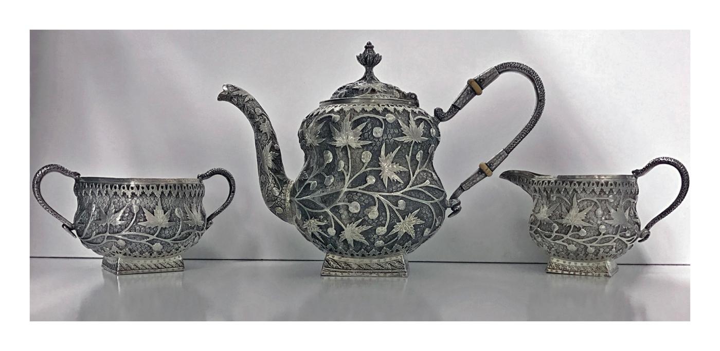 Rare Kashmir Silver Tea set for Western market, C.1910