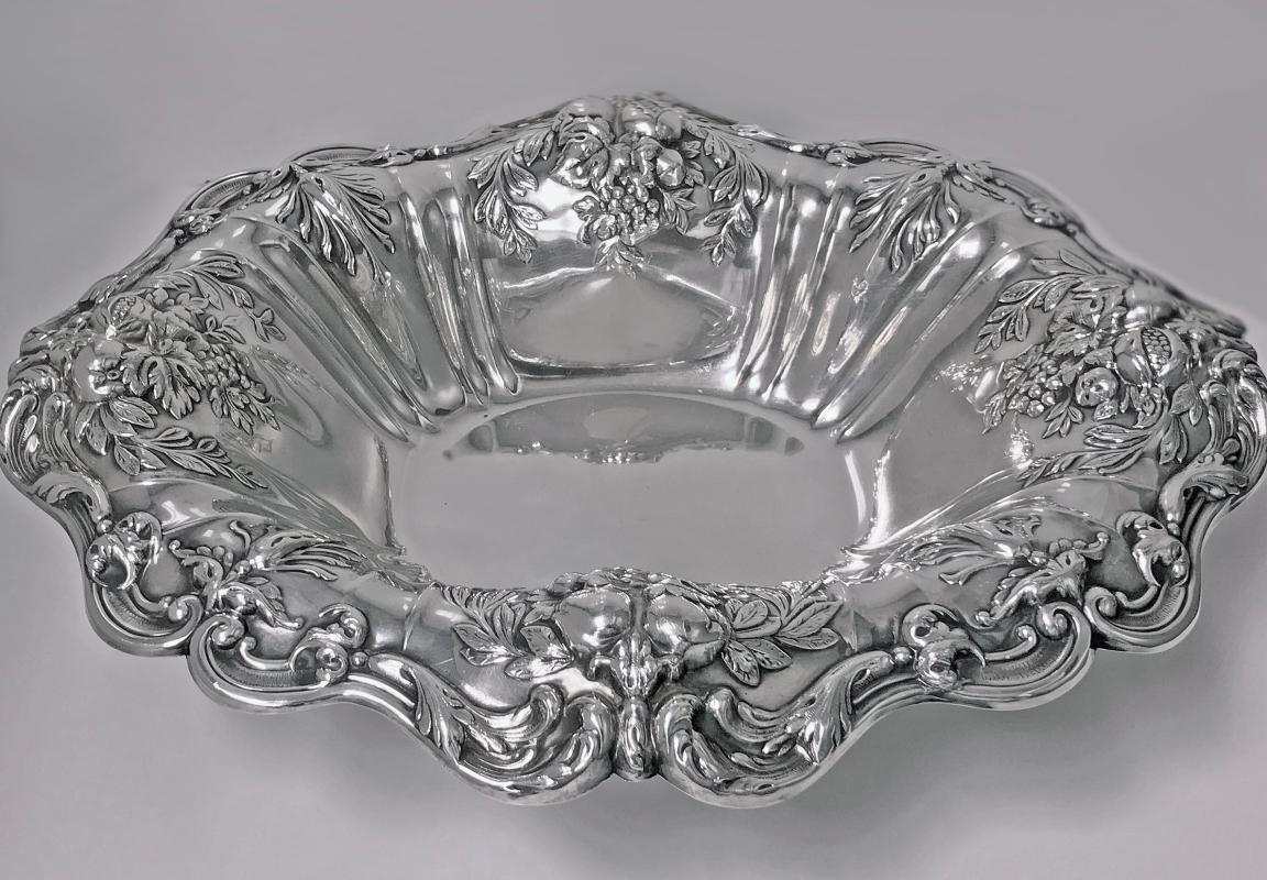 Reed & Barton Francis 1 Sterling Silver repousee footed large Dish, 1955.