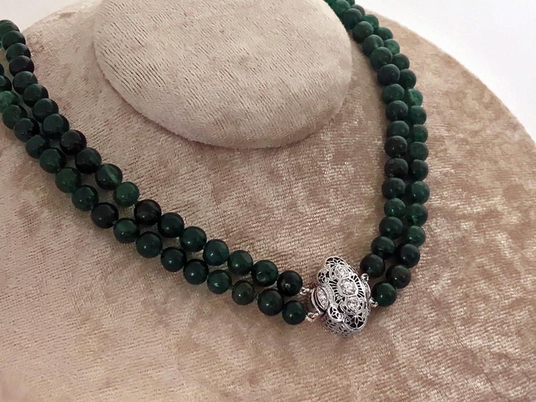 Vintage Emerald beads Necklace, double strand, 18K Diamond clasp.