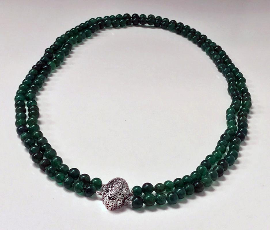 Vintage Emerald beads Necklace, double strand, 18K Diamond clasp.
