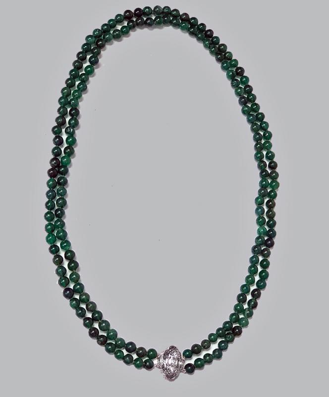 Vintage Emerald beads Necklace, double strand, 18K Diamond clasp.