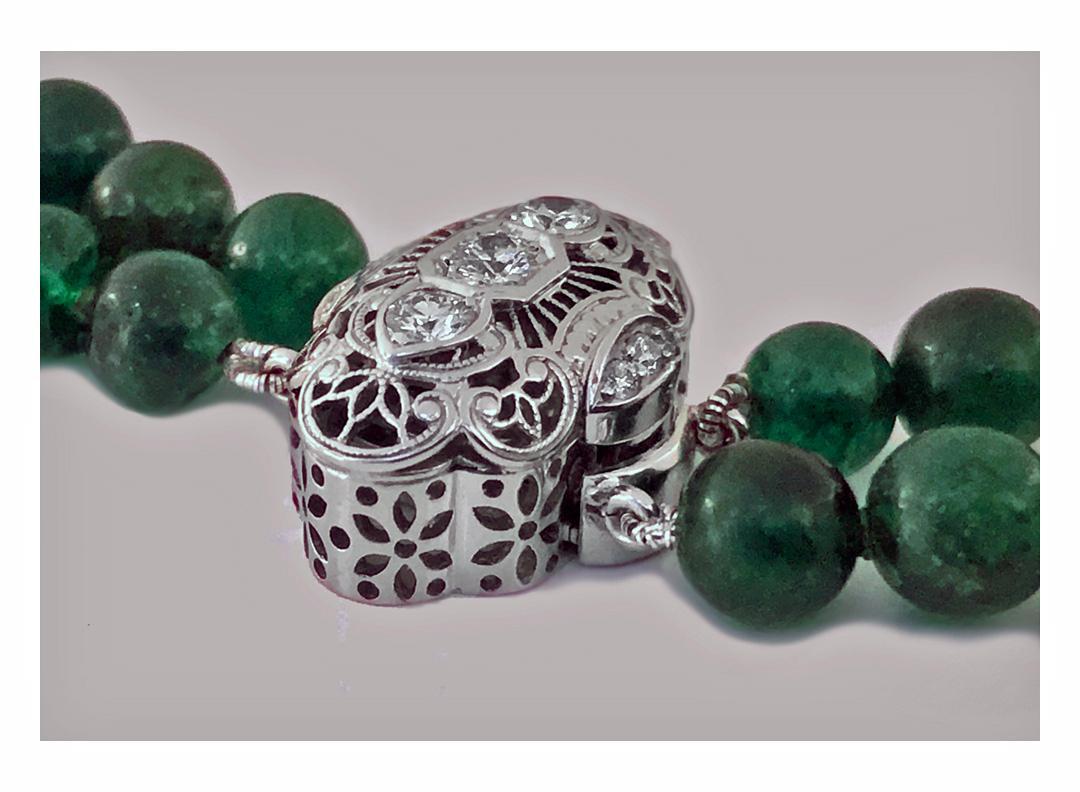Vintage Emerald beads Necklace, double strand, 18K Diamond clasp.
