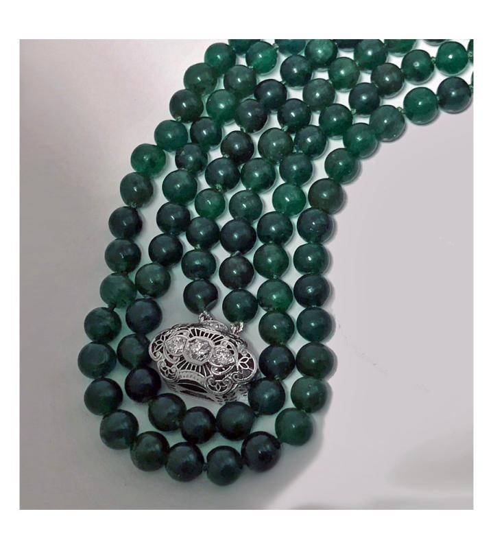 Vintage Emerald beads Necklace, double strand, 18K Diamond clasp.