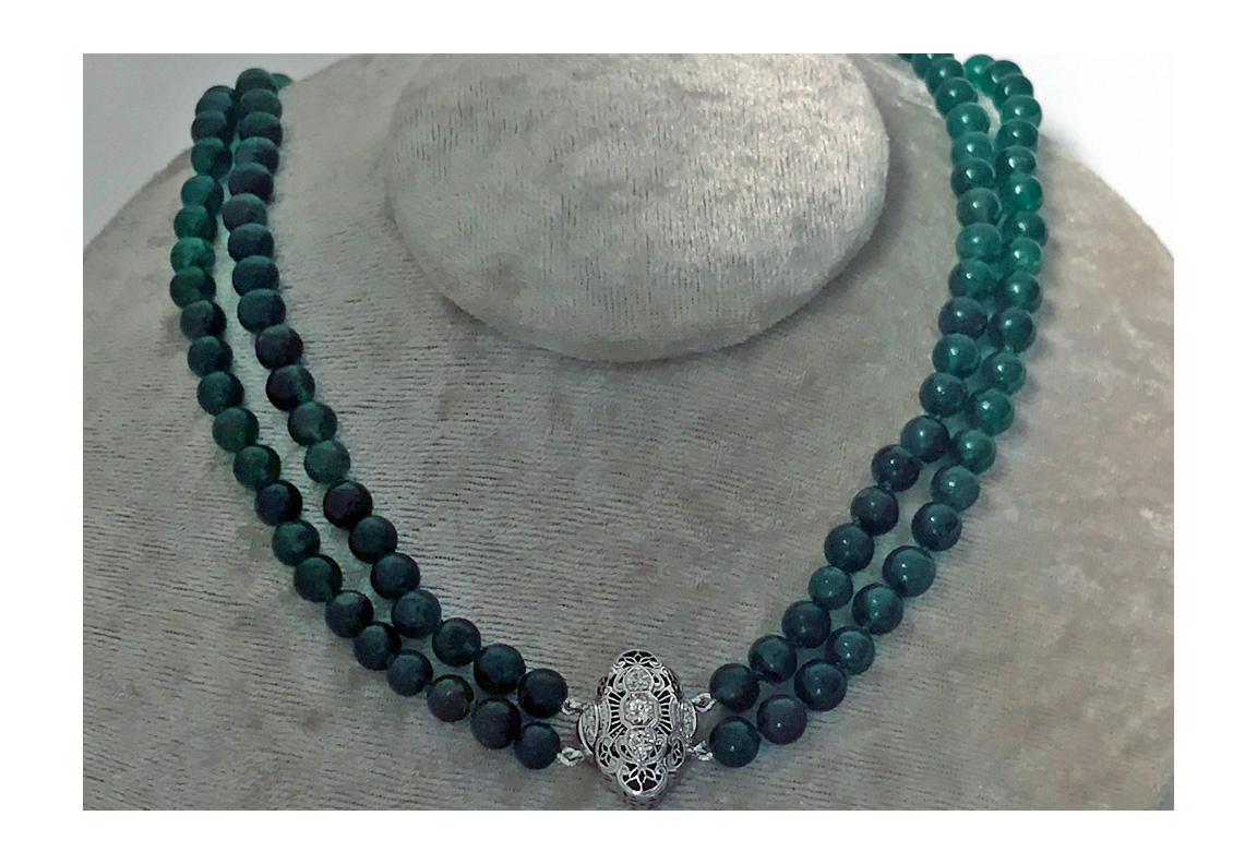 Vintage Emerald beads Necklace, double strand, 18K Diamond clasp.