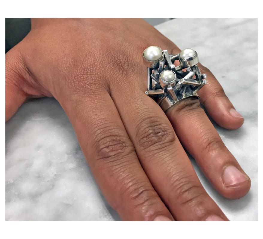 Rachel Gera Abstract Modernist Sterling Ring, Israel, C.1975.