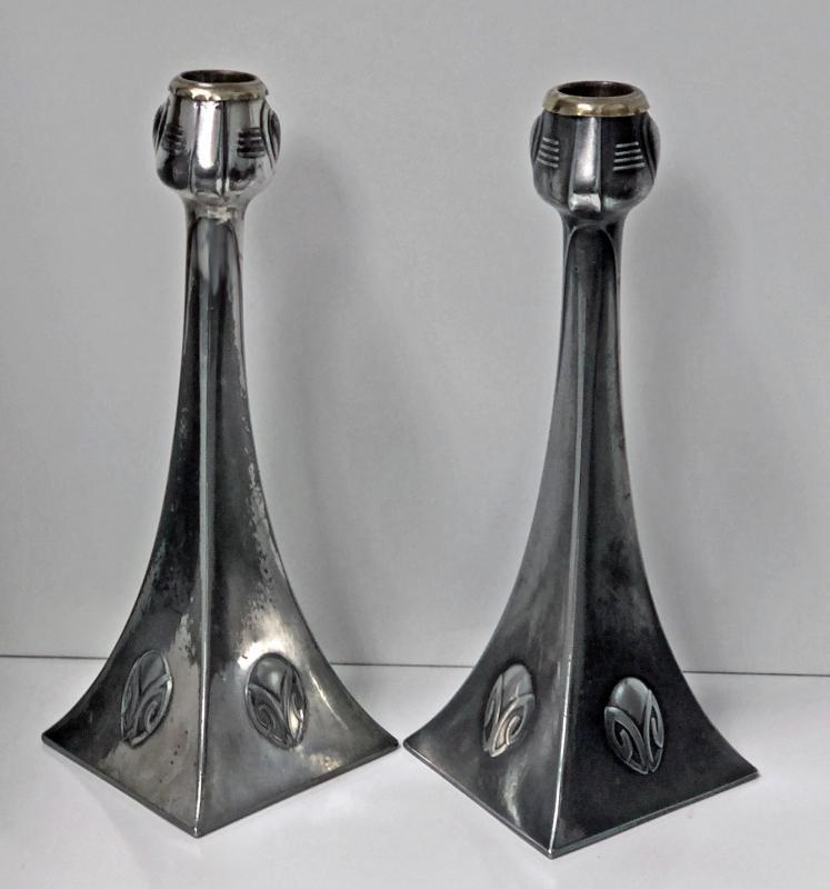Pair of WMF Art Nouveau Pewter Candlesticks, Albin Muller, Germany C.1906