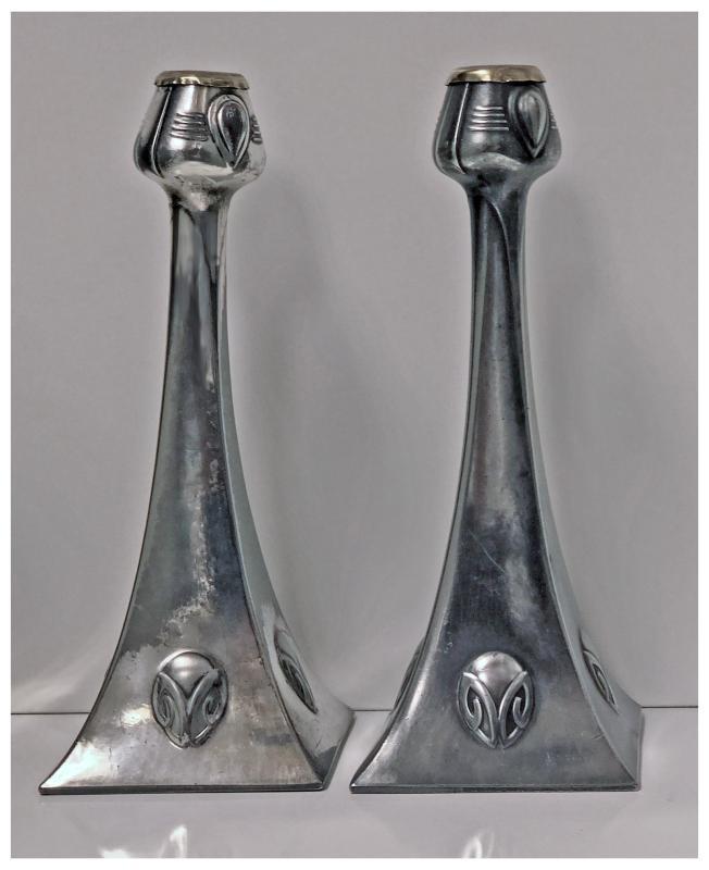 Pair of WMF Art Nouveau Pewter Candlesticks, Albin Muller, Germany C.1906