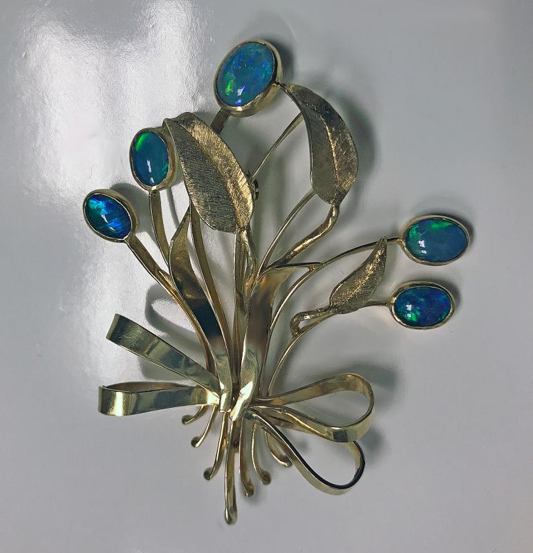 Retro Gold Opal Floral Bouquet Spray Brooch Pin, C.1950