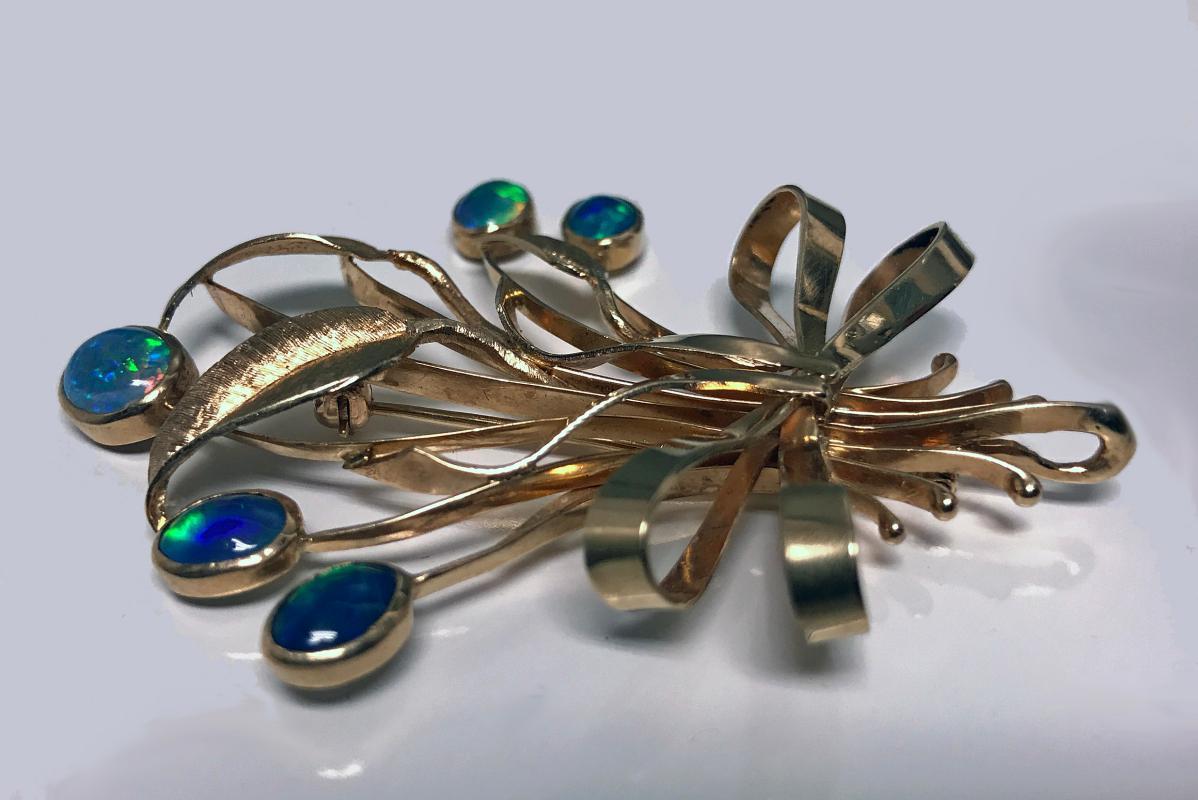 Retro Gold Opal Floral Bouquet Spray Brooch Pin, C.1950