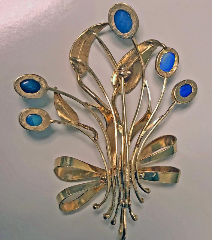 Retro Gold Opal Floral Bouquet Spray Brooch Pin, C.1950