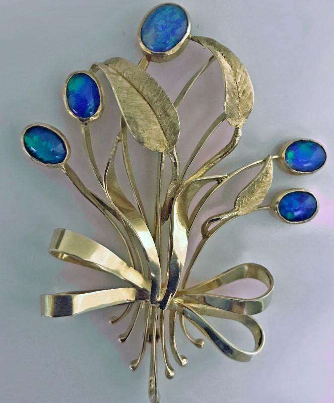 Retro Gold Opal Floral Bouquet Spray Brooch Pin, C.1950
