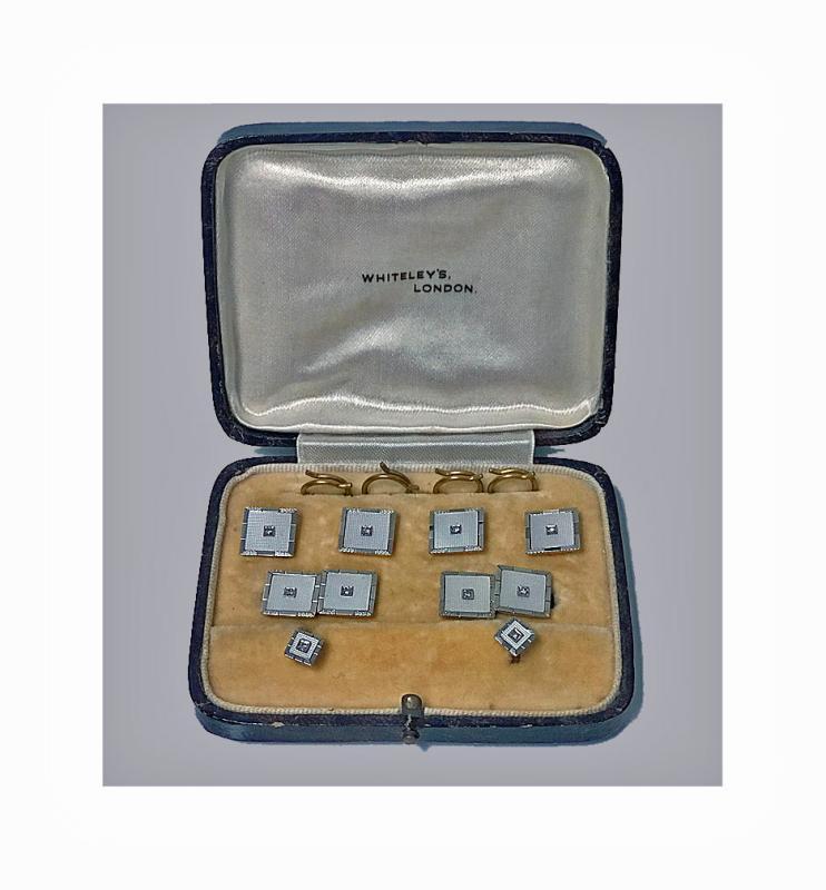 Deco Cufflinks Tuxedo Dress Set 18K Diamond Mother of Pearl, English C.1930