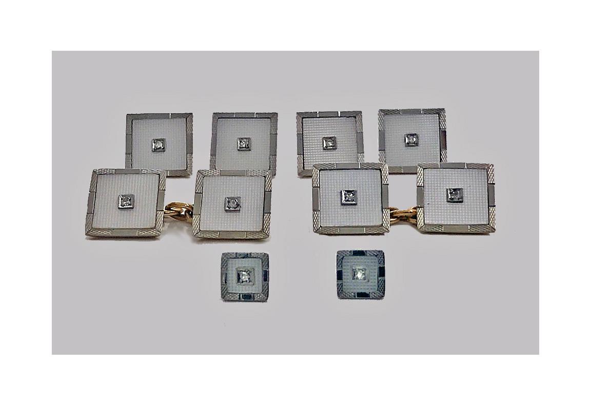 Deco Cufflinks Tuxedo Dress Set 18K Diamond Mother of Pearl, English C.1930
