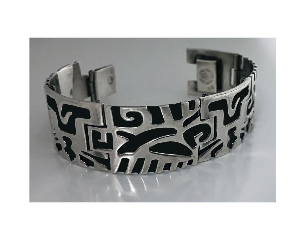 1950’s Mexican Sterling Bracelet depicting pre Columbian cut out design.