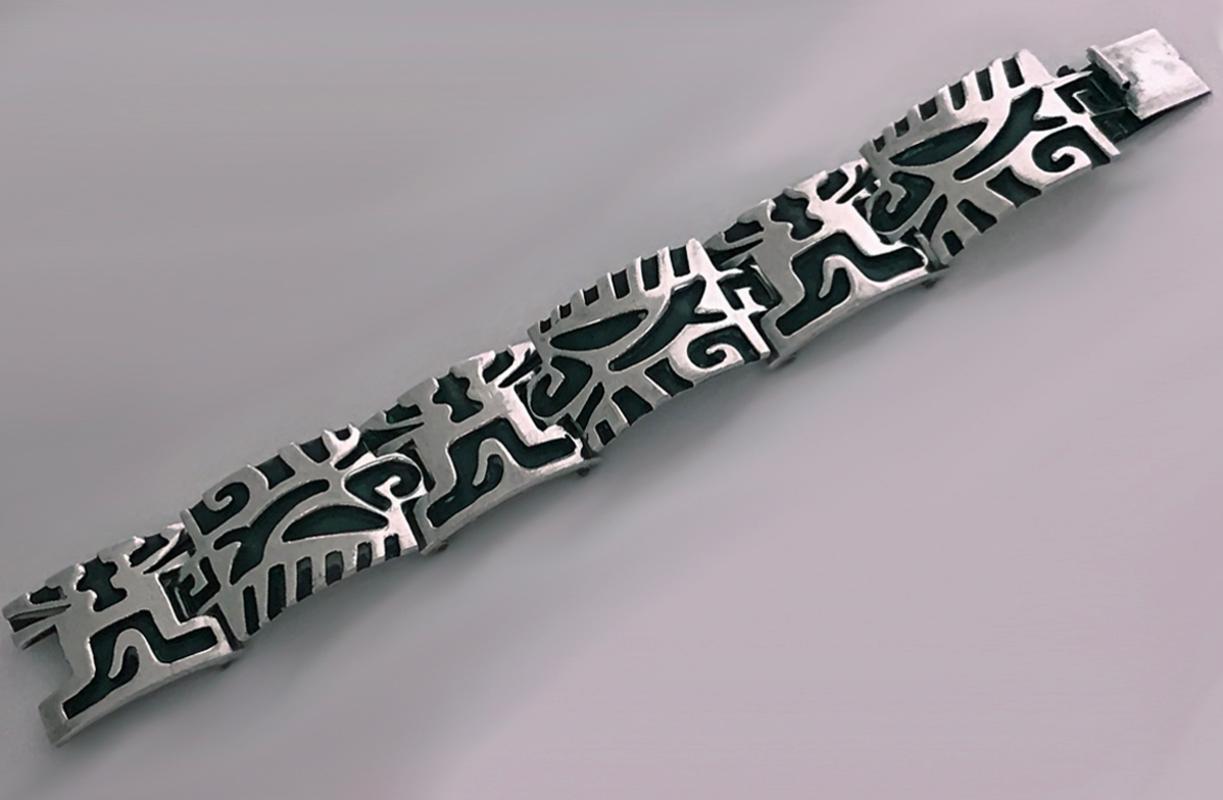 1950’s Mexican Sterling Bracelet depicting pre Columbian cut out design.