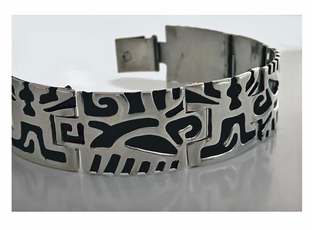 1950’s Mexican Sterling Bracelet depicting pre Columbian cut out design.