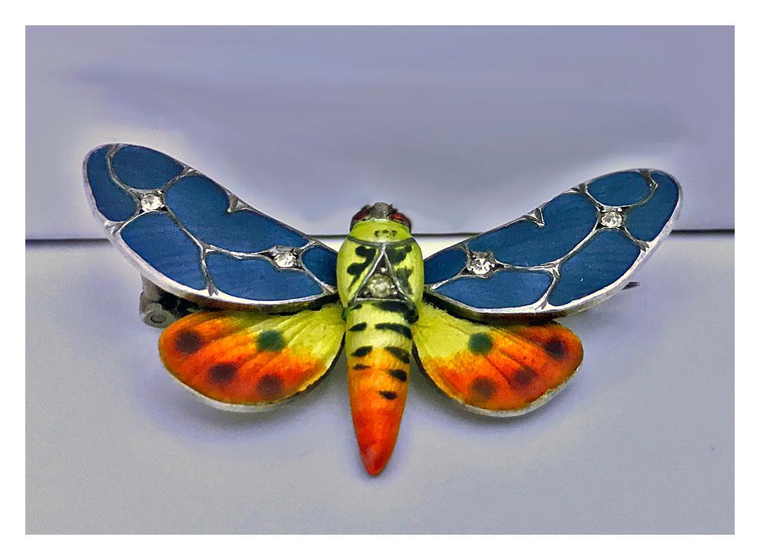 Meyle and Mayer Art Nouveau Jugendstil Butterfly Brooch Silver and Enamel, Germany C.1900