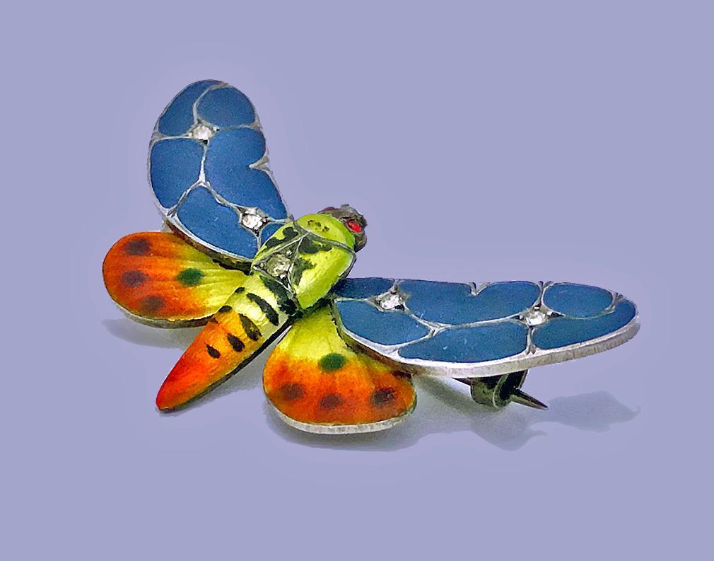Meyle and Mayer Art Nouveau Jugendstil Butterfly Brooch Silver and Enamel, Germany C.1900