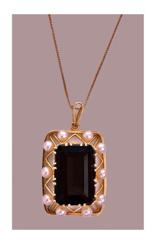 Mid-century 14K quartz and cultured pearl Pendant Necklace, C.1960.