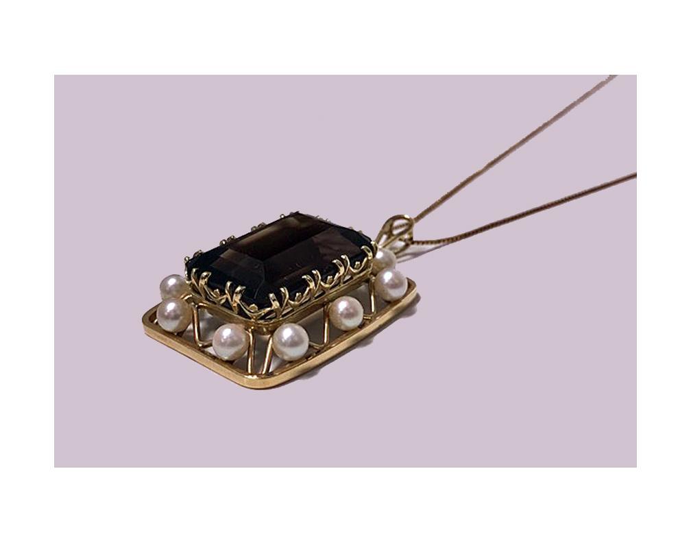 Mid-century 14K quartz and cultured pearl Pendant Necklace, C.1960.