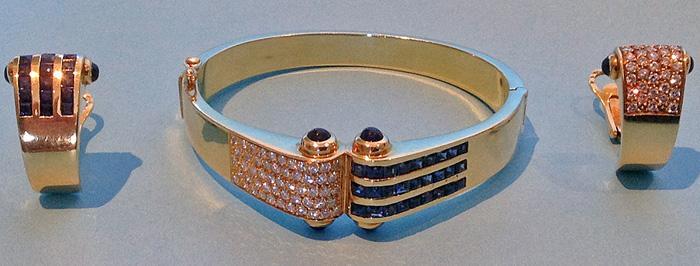 18K Diamond and Sapphire Bangle and Earrings, C.1980