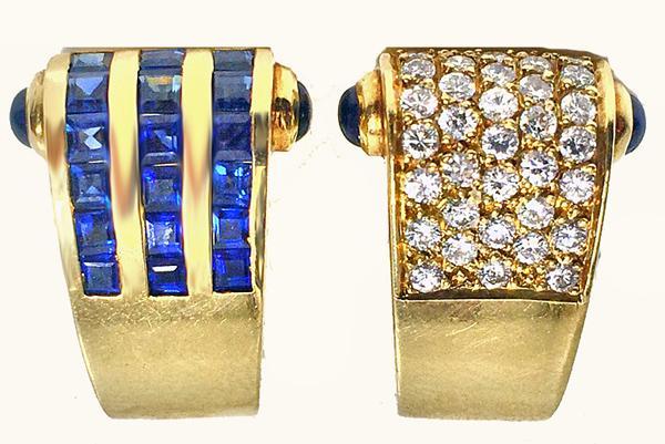 18K Diamond and Sapphire Bangle and Earrings, C.1980