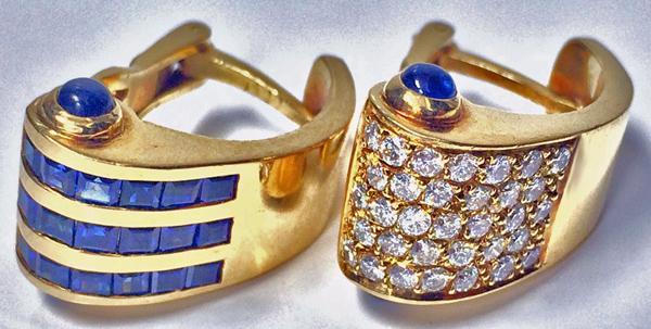 18K Diamond and Sapphire Bangle and Earrings, C.1980