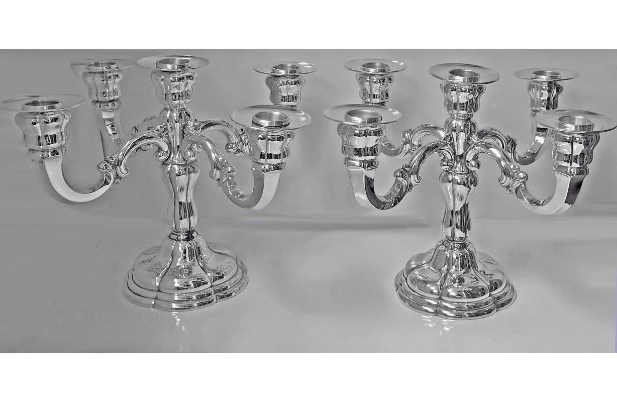 Pair of German Sterling Silver Five-Light Candelabra, C.1920