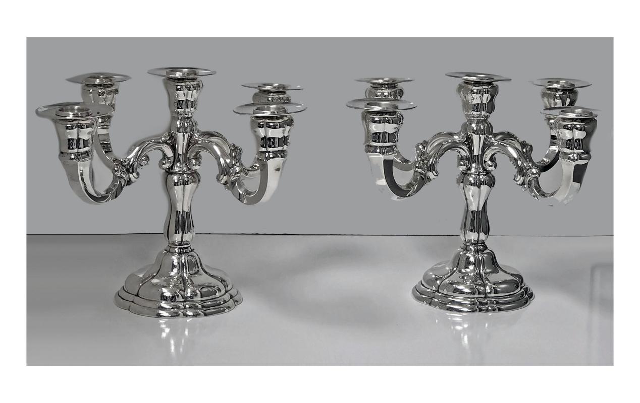 Pair of German Sterling Silver Five-Light Candelabra, C.1920