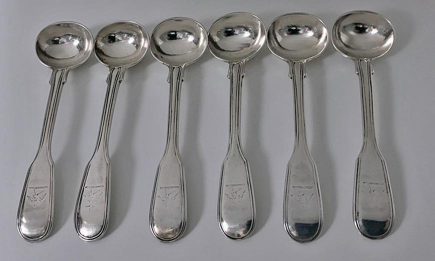 6 Georgian Silver Fiddle Thread Salt Spoons, London 1829, T.Savory
