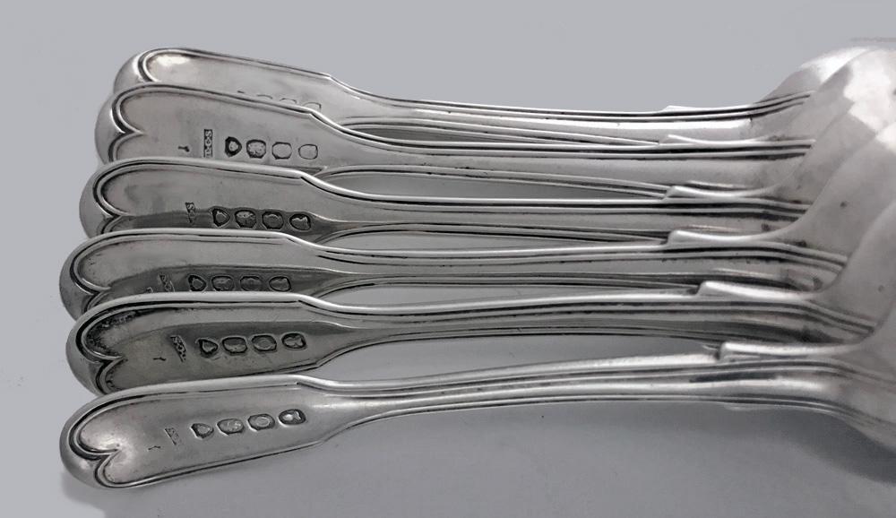 6 Georgian Silver Fiddle Thread Salt Spoons, London 1829, T.Savory