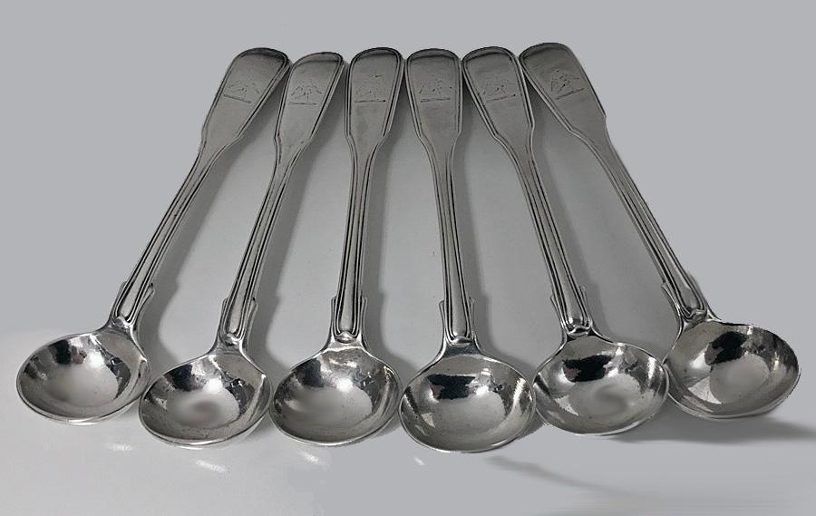 6 Georgian Silver Fiddle Thread Salt Spoons, London 1829, T.Savory
