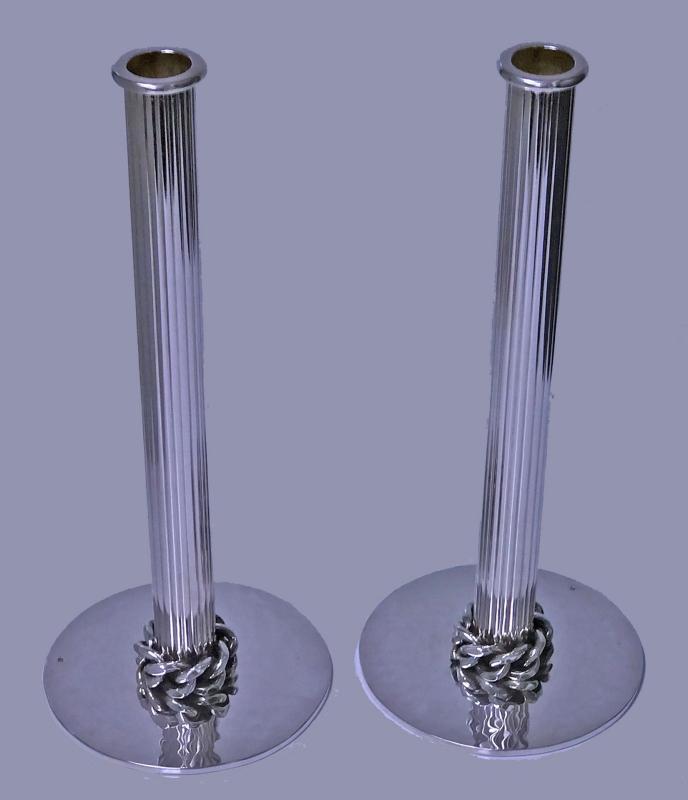 Jean Després pair of silvered metal candlesticks, Signed. C.1950