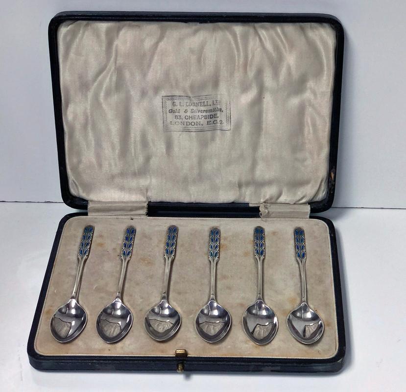 Liberty & Co Enamel Silver Spoons, Birmingham 1925, fitted box
