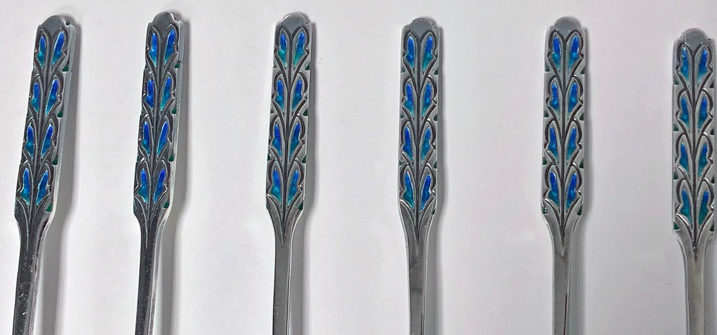 Liberty & Co Enamel Silver Spoons, Birmingham 1925, fitted box
